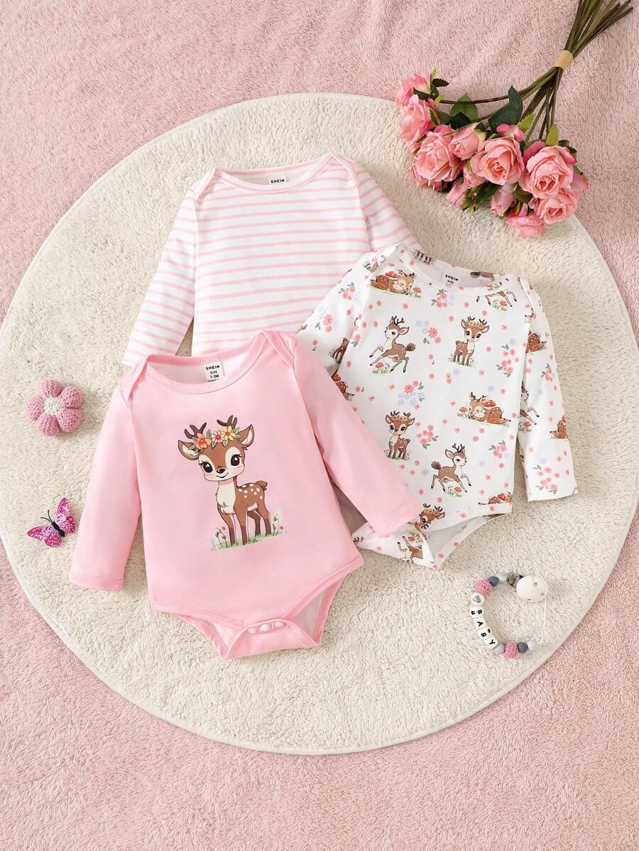 SHEIN Vintaside Kids 3件組女嬰可愛鹿圖案長袖連身衣 嬰兒連身衣 套裝 秋季戶外穿搭