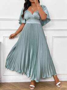 Cravure Váy midi xếp ly đơn giản và thanh lịch cỡ lớn có cổ chữ V sâu và tay áo nhún cho nữ - Màu xanh Bạc hà - Xem 5