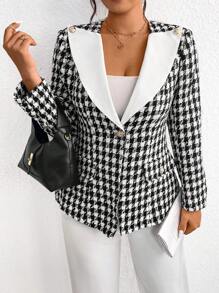 SHEIN Clasi 大码女式千鸟格撞色西装外套 - 黑與白 - 查看 5