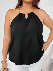 Firerie Plus Size Elegant Chain Halter Solid Colored Tank Top - Black - View 5