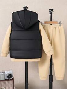 SHEIN Leap Crew Bộ 3 áo nỉ in chữ mùa đông giản dị cho bé trai, quần nỉ & áo vest có đệm - Màu Khaki - Xem 2