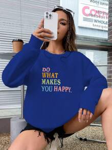 SHEIN Unity Crew Neck Embroidered Colorful English Text Casual Sweatshirt, Minimalist Fashion For Everyday - Blue - View 3