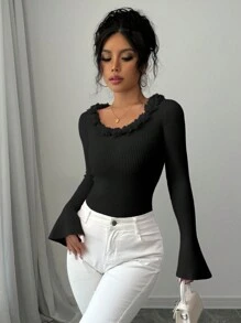 Chiquease 女士黑色秋季花卉贴花圆领长喇叭袖针织套头衫，秋冬款 - 黑色 - 查看 1