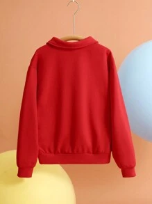 SHEIN Tween Girl Red Polo Neck Long Sleeve Sweatshirt With Simple Printed Pattern, Suitable For Chinese New Year & Christmas, Autumn/Winter - Red - View 2