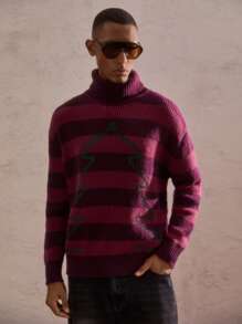 AKNOTIC Party 圣诞节男士红色条纹撞色毛衣，宽松落肩休闲针织衫，适合圣诞节和新年，圣诞树图案和圣诞祝福，适合秋冬 - 紅色 - 查看 4