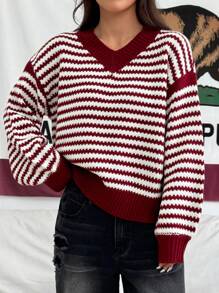 Flirla V-Ausschnitt lässiger farbblockiger gestreifter loser Strickpullover für Frauen