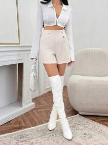 RueChic Women's Solid Button Detailed Wool Shorts - Beige - View 3