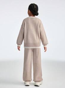 SHEIN Tween Girl 拼色圆领落肩长袖毛衣和针织裤休闲装，秋冬 - 卡其色 - 查看 2