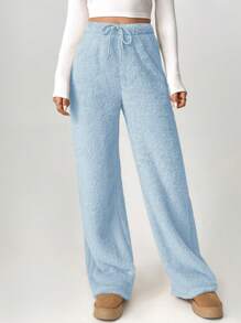 SHEIN Tall Pantalones anchos con cintura de cordón tipo teddy - Azul - Ver 1