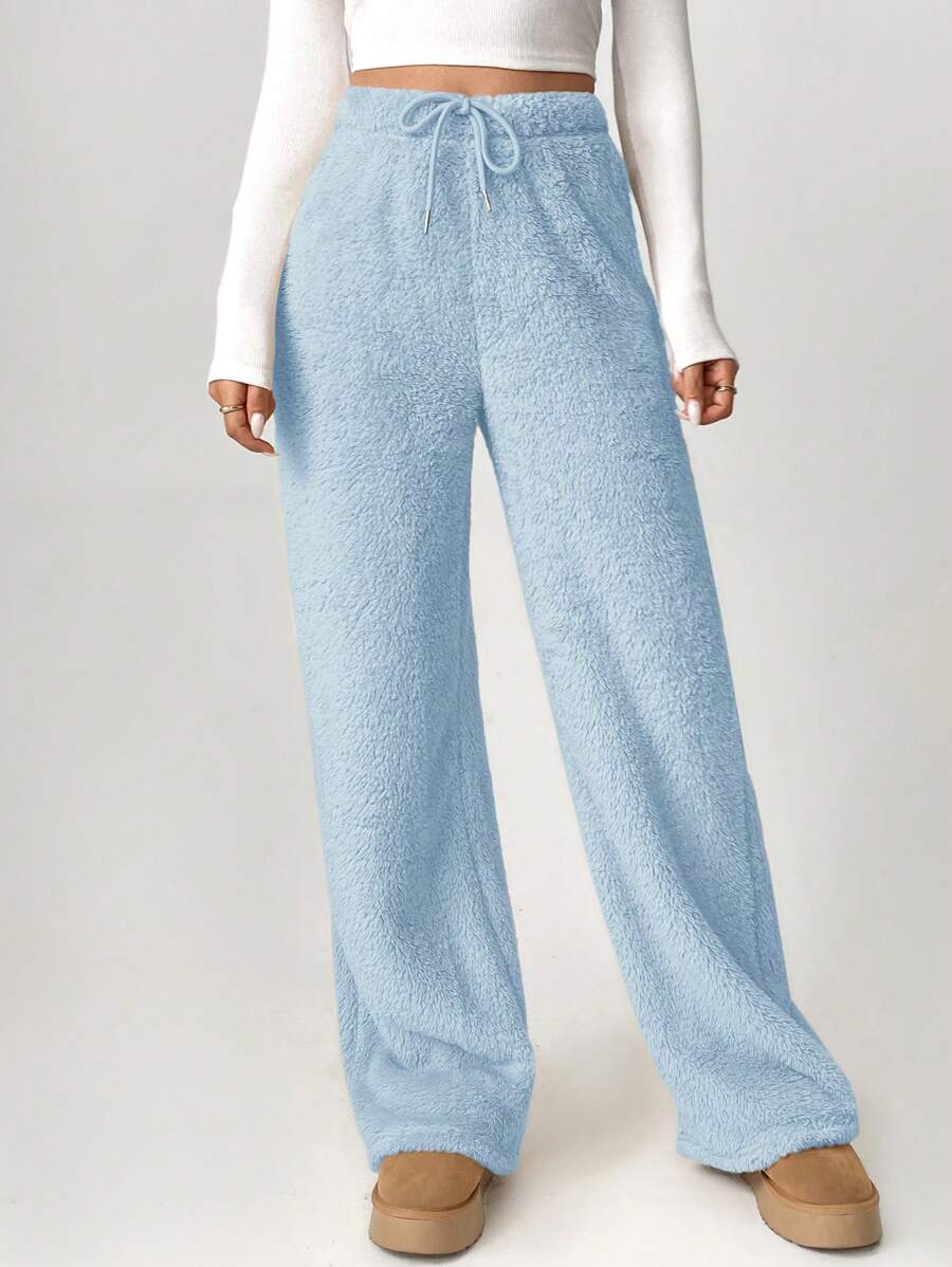 SHEIN Tall Pantalones anchos con cintura de cordón tipo teddy - Azul - Ver 1