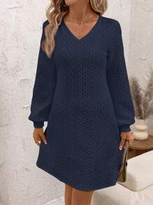 SHEIN Clasi Women's Plain V-Neck Long Sleeve Casual Mini Dress, Autumn - Navy Blue - View 5