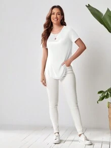 EMERY ROSE Camiseta de mujer de cuello redondo de primavera blanca con bajo curvo - Blanco - Ver 5