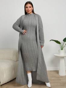 EURMUSE 大码女式纯色落肩长袖长开衫和立领无袖毛衣连衣裙套装，秋冬 - 灰色 - 查看 6