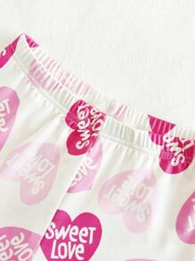2 pezzi Set da lounge aderente a maniche lunghe con stampa a cuori all-over per ragazze pre-adolescenti