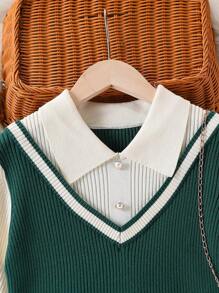 Tween Girls Fashion Autumn/Winter Heavy Manual Knitted Long Sleeve Dress, 2 In 1 Set With White Shirt Collar And Black V-Neck Pleated, Black & White Classic Elegant Style, Suitable For Various Occasions Like Home, School, Outing - Green - View 3