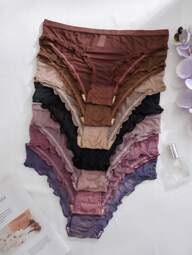 PetitDoll Plus Size 7pcs Cute & Delicate Mesh Lettuce Trim Panty Set Lingerie
