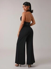 SHEIN SXY 2 件套黑色休闲通勤挂脖上衣和裤子套装 - 黑色 - 查看 2