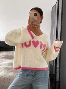 SHEIN Frenchy Women's Colorblock Letter Graphic Casual Blouse, Simplistic Design For Everyday Wear Winter Thanks Giving - Apricot - View 6