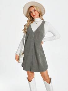 SHEIN LUNE Women Casual Street Chic Airport Style Green Corduroy Suspender Dress, Winter - Green - View 6