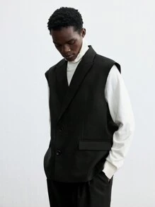 Ontre 男士春季黑色羊毛宽松宽肩带双排扣休闲西装背心，适合聚会和新年