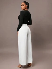 Silquee 女士纯橄榄绿色荷叶边不对称交叉修身长袖紧身衣，经典优雅设计，适合通勤和日常穿着，适合秋冬季分层穿着 - 黑色 - 查看 3