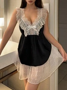 DAZY Bow Decor Contrast Polka Dot Mesh Splice Sexy Nightgown - Black - View 6