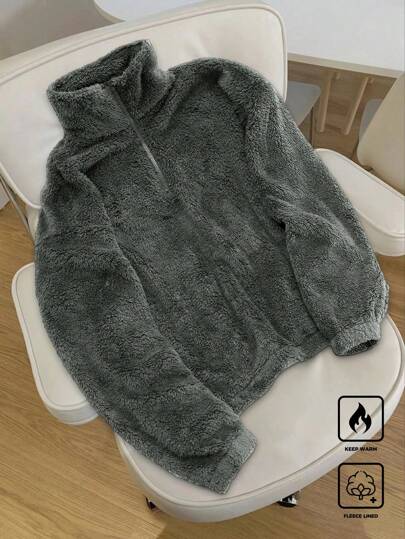 Claim Dot 1pc Solid Color Fleece Half Zip Up Casual Long Sleeve Quarter Zip Sweatshirt , Fall/Winter