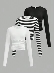3pcs/Set Tween Girls Fitted Casual Solid Color & Striped Round Neck Ruched Waist Long Sleeve T-Shirt, Black & White Striped Knit Tops - Black and White - View 1