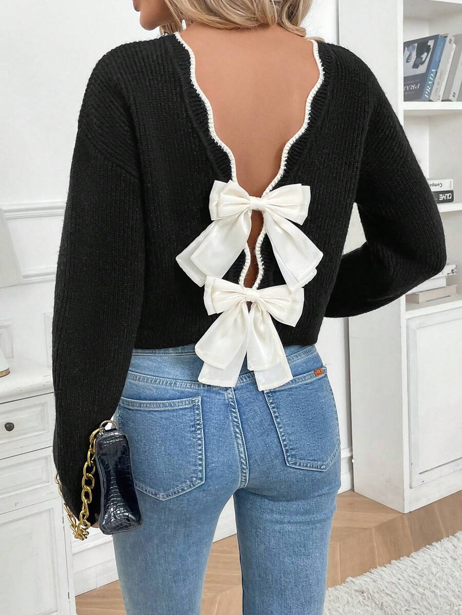 SHEIN Frenchy Women's Bow Decor Minimalist Long Sleeve Sweater, Casual Everyday Wear Winter Outfits Sweater Winter Women Clothes Girl Bow Sweaterteen Bow Sweater - Black - View 1