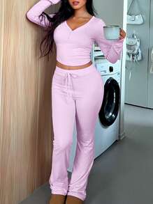 INAWLY 2pcs Women Casual Daily Solid Color V-Neck Crop Top And Pants Set, Autumn - Purple - View 3