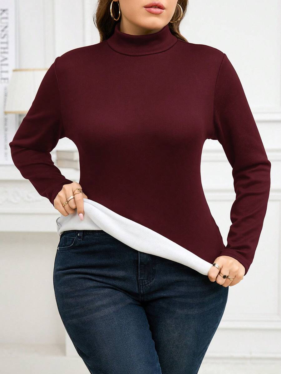SHEIN Clasi 大码女式长袖保暖内衬保暖 T 恤，秋冬款 - 酒紅色 - 查看 1