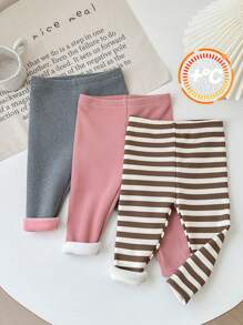 3 Piece Set Girls Knit Solid Stripe Form-Fitting Casual Leggings - Multicolor - View 1