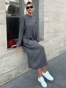 EURMUSE Crew Neck Cable Knit Long Sleeve Sweater Dress