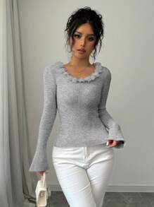 Chiquease 女士 3D 花朵心形领喇叭袖毛衣，秋季 - 灰色 - 查看 5