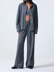 LYSMO Damen minimalistischer 3-teiliger Anzug Set bestehend aus Bandeau-Top, Einreiher-Jacke und Hose, für den Herbst