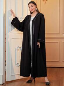 Al Najma Áo Abaya tay dài cánh dơi viền tương phản thường ngày cho nữ, mùa thu, áo Abaya hở lưng giản dị, thường ngày/dự tiệc - màu đen - Xem 6