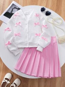 SHEIN 2 件套 少女粉色蝴蝶结装饰白色夹克和粉色百褶裙 - 彩色 - 查看 5