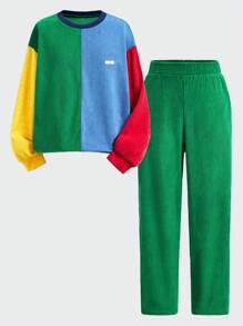 SHEIN 2pcs/Set Tween Boys American Style Casual Contrast Color Corduroy Crew Neck Long Sleeve Top And Corduroy Pants, Suitable For Autumn And Winter