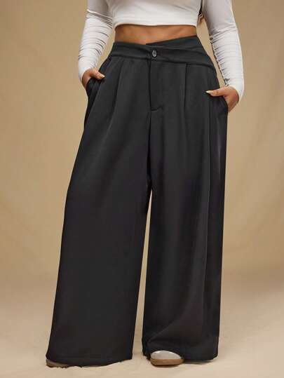 Forever 21 Plus Size Women's Solid Color Pleated Pocket Wide Leg Loose Casual Pants