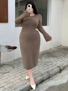 Dazy Plus Hollow Out Round Neck Bodycon Sweater Dress,Fall Women Clothes - Khaki - View 6