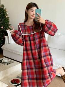 DAZY Cute Plaid Ruffle Trim Lantern Sleeve Nightgown - Red - View 1