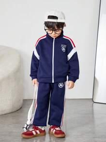 2 Pieces Young Boys Young Boys Casual Academy Comfortable, Stylish, Simple And Practical Japanese And Korean Relaxed Joker Soft And Comfortable With Pattern And Ribbon Decoration Grab Comfortable And Thick Stand Collar Jacket Hoodie And Trousers Suit Suitable For Suburban Play Kids Outfits School Back To School Young Boys SetYoung Boys Outfits Daily Fit For School Fit For Travel Fit For Sports Fit For Fall And Winter