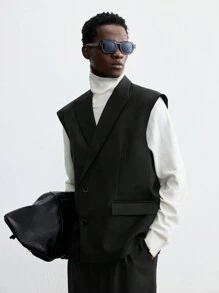 Ontre 男士春季黑色羊毛宽松宽肩带双排扣休闲西装背心，适合聚会和新年