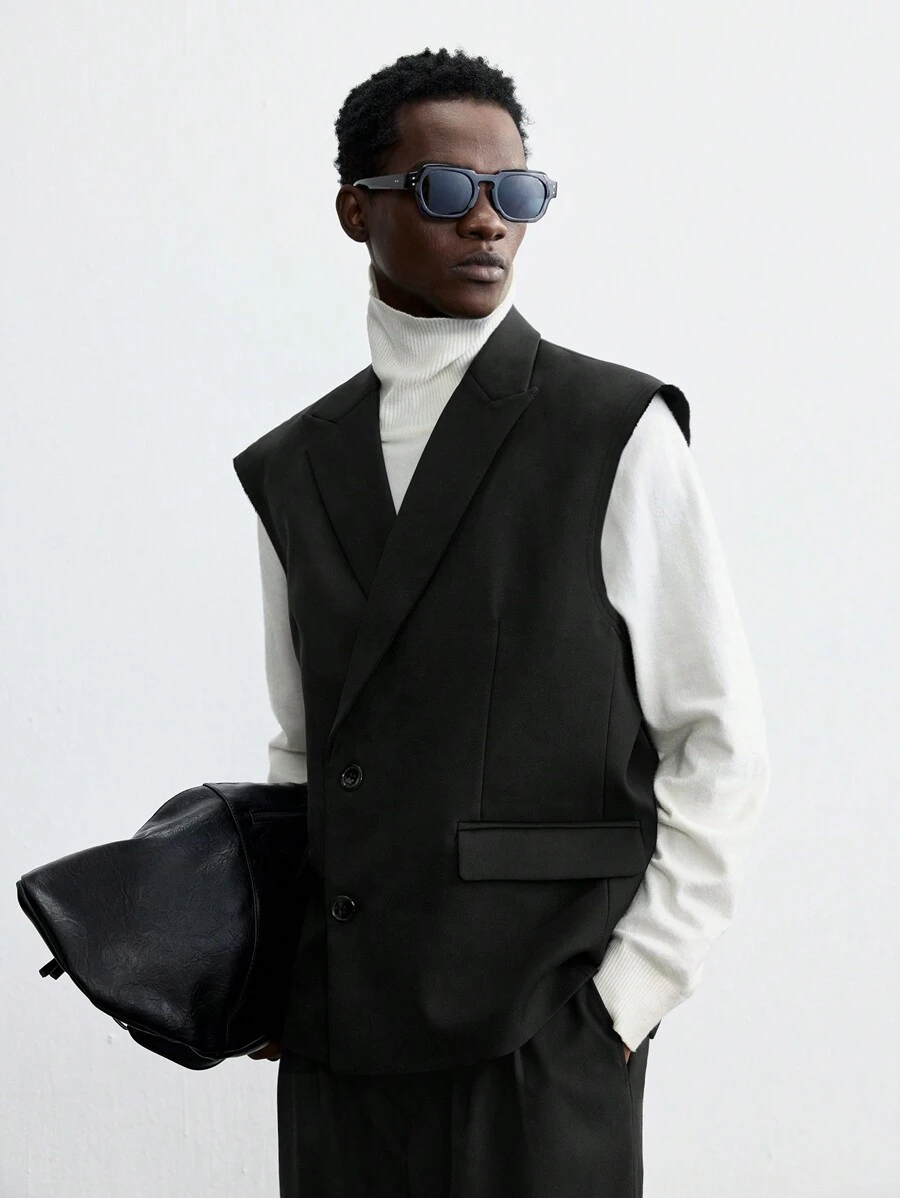 Ontre 男士春季黑色羊毛宽松宽肩带双排扣休闲西装背心，适合聚会和新年