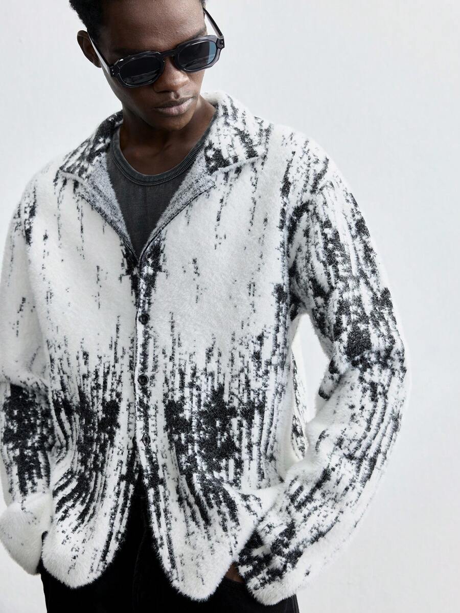 Maija Men's 2025 New Winter Black & White Personalized Jacquard Thermal Lined Loose Casual Long Sleeve Cardigan Sweater, Christmas Party, New Year Gathering, Valentine's Date