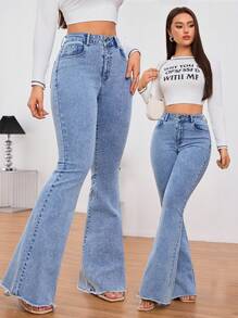 SHEIN Tall Women's Front Button Pocket Casual Denim Pants, Everyday Wear - Blue - View 3