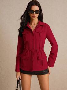 Poéselle Women's Casual Solid Color Drawstring Waist Jacket, Autumn