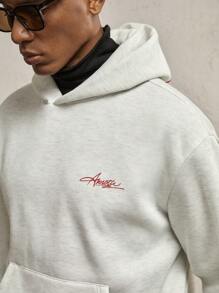 AKNOTIC Business Casual 男士宽松字母刺绣灰色针织休闲连帽运动衫，适合日常穿着，外出复古浅灰色长袖连帽衫，适合朋友、丈夫、男朋友的礼物，学校，适合秋季、冬季 - 淺灰色 - 查看 2