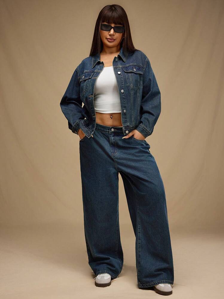 Forever 21 大码前扣长袖口袋休闲牛仔夹克 - 藏蓝色 - 查看 3