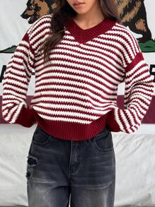 Flirla V-Ausschnitt lässiger farbblockiger gestreifter loser Strickpullover für Frauen